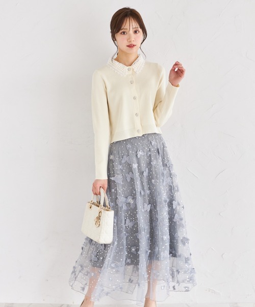 ビジュー×パピヨンモチーフチュールフレアスカート tocco closet スカート ビジュー×パピヨンモチーフチュール