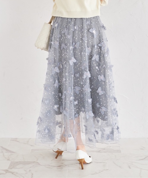 ビジュー×パピヨンモチーフチュールフレアスカート tocco closet スカート ビジュー×パピヨンモチーフチュール