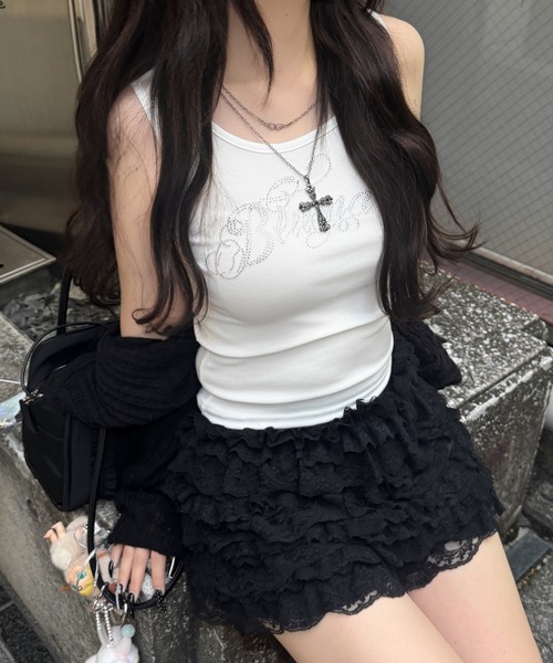 lilful タンクトップ ノースリーブ 筆記体ラインストーンロゴ