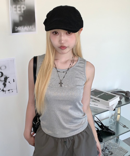 FENDI Jeans ラインストーン フリンジトップ ノースリーブ GRANCY】Shirring Design Rhinestone Graphic Sleeveless Tshirt
