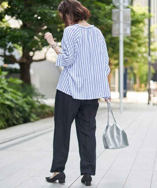 ブラウス シャツ 「洗える・接触冷感」ドビー強撚ストライプ スキッパー ブラウス レディース 洗える・接触冷感】ドビー強撚ストライプ シャツ ブラウス / J