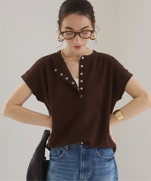 ANGIE tシャツ ヘンリーネック フレンチスリーブ ワッフルT レディース