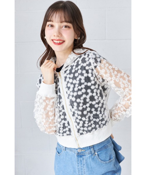 パーカー シアーフラワーレース刺繍パール付きジップパーカー レディース