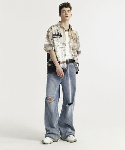 「INFLATION」 ダメージ加工デニムパンツ MEDIUM ブルー メンズ