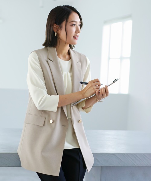 ベスト ジレ 「 洗える 」 ツイルテーラードダブルジレ レディース