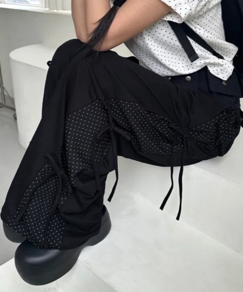 ReRe パンツ 無地×ドット柄テックワイドパンツ レディース : ZOZOTOWN