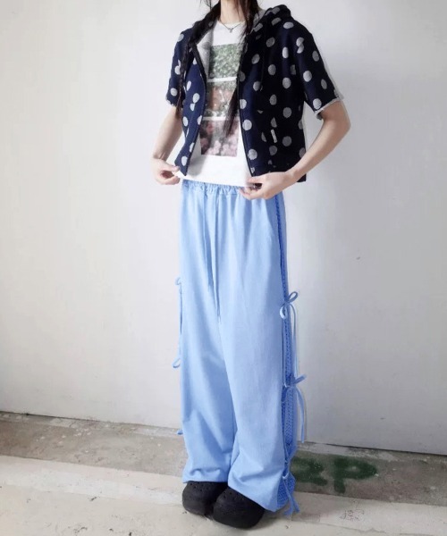 ReRe パンツ 無地×ドット柄テックワイドパンツ レディース : ZOZOTOWN