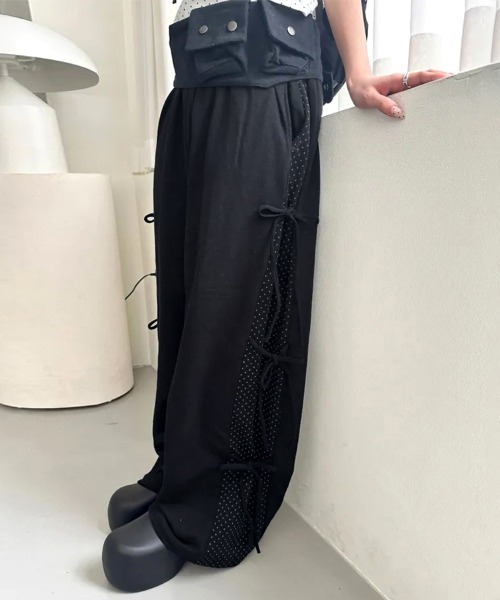 ReRe パンツ 無地×ドット柄テックワイドパンツ レディース : ZOZOTOWN