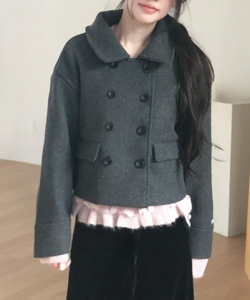 Aelina ピーコート pコート ショートダブルブレストメルトンコート