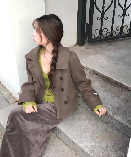 Aelina ピーコート pコート ショートダブルブレストメルトンコート