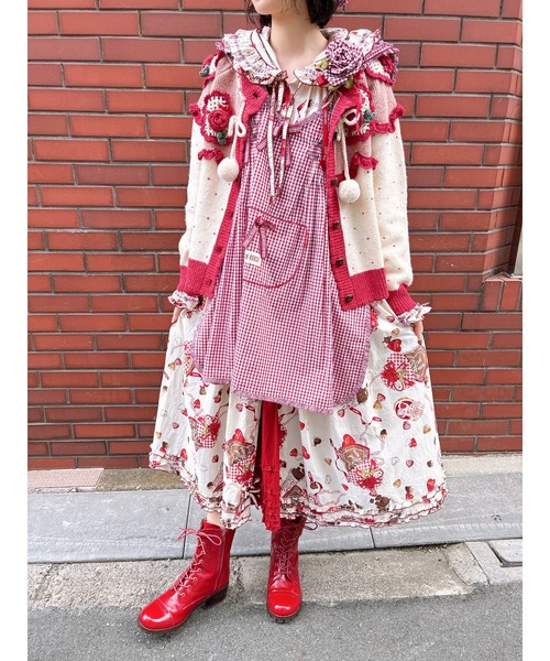 ピンクハウス　リボンモチーフ使いヨークカラーニット　赤色　新品タグ付き ピンクハウス リボンモチーフ使いヨークカラーニット 白色 新品タグ