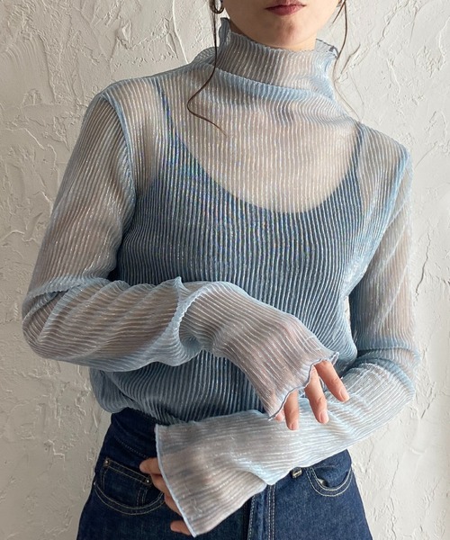 She's Closet tシャツ 楊柳プリーツハイネック長袖グリッターラメ