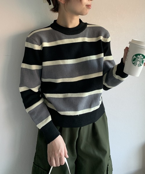 PINUEマルチボーダーニットトップス ミニボーダーニットトップス（NAVY） - PINUE