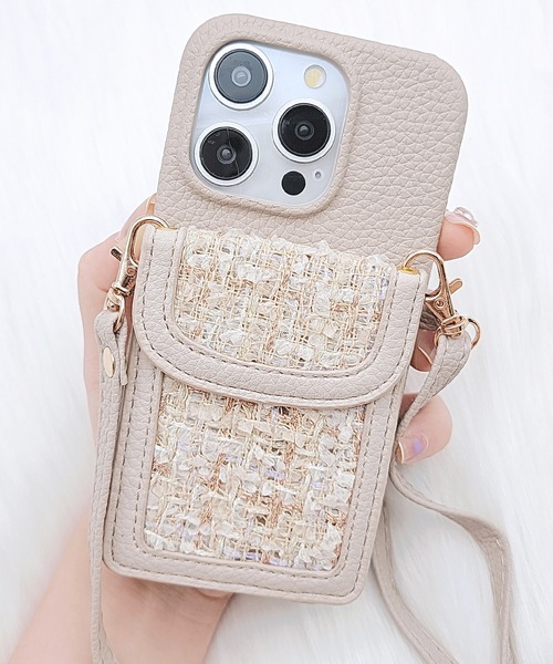 Lace Ladies スマホケース カラーツイードポケット付きレザー調