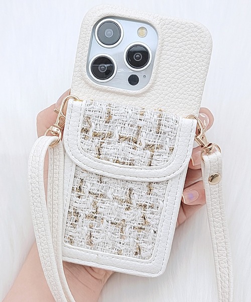 Lace Ladies スマホケース カラーツイードポケット付きレザー調