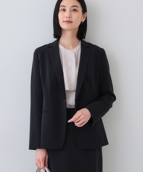 INDIVI洗えるウールスーツ上下黒超美品36 38 定番スーツ／UVケア／洗える】ウール調ノーカラージャケット