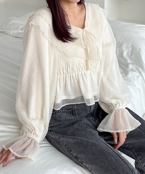 Heather ブラウス シャツ シアーチェックフリルブラウス 324820