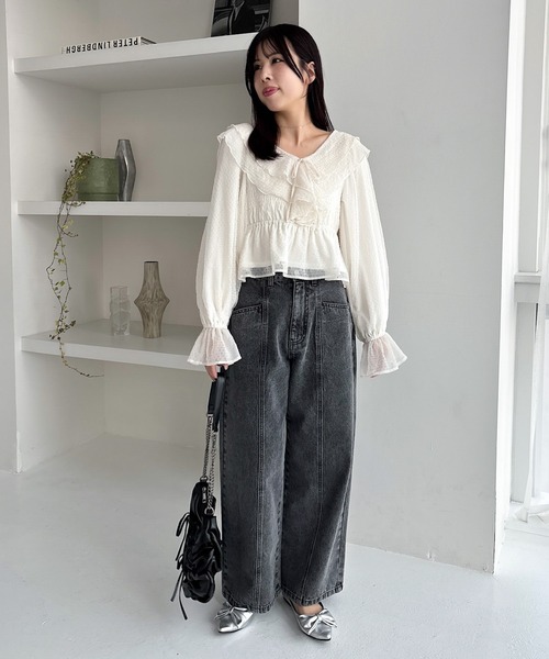 ブラウス シャツ シアーチェックフリルブラウス レディース Heather（ヘザー）の「シアーチェックフリルブラウス 324820