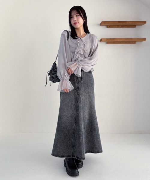 Heather ブラウス シャツ シアーチェックフリルブラウス 324820