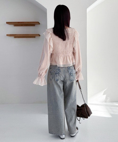 Heather ブラウス シャツ シアーチェックフリルブラウス 324820