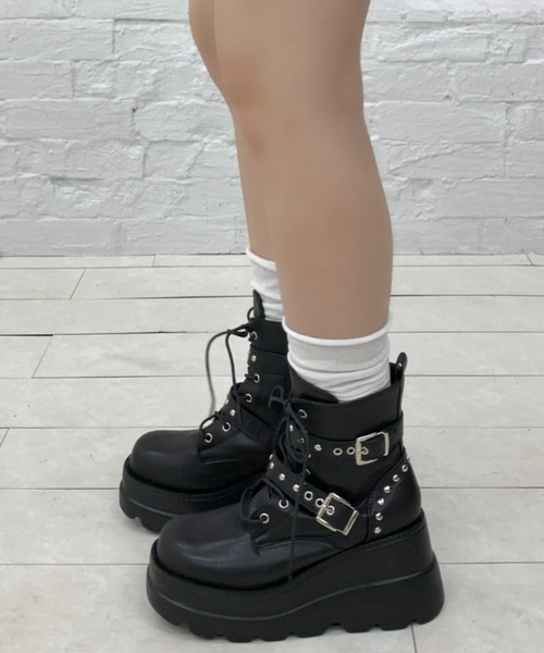 lilful ブーツ スタイル盛れ ダブルベルト スタッズアクセント レース