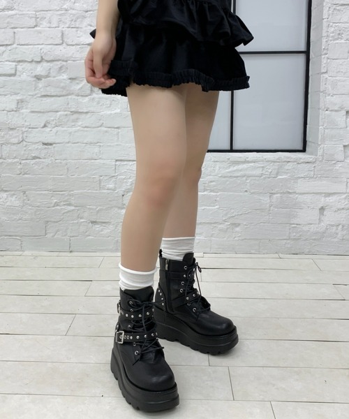 lilful ブーツ スタイル盛れ ダブルベルト スタッズアクセント レース
