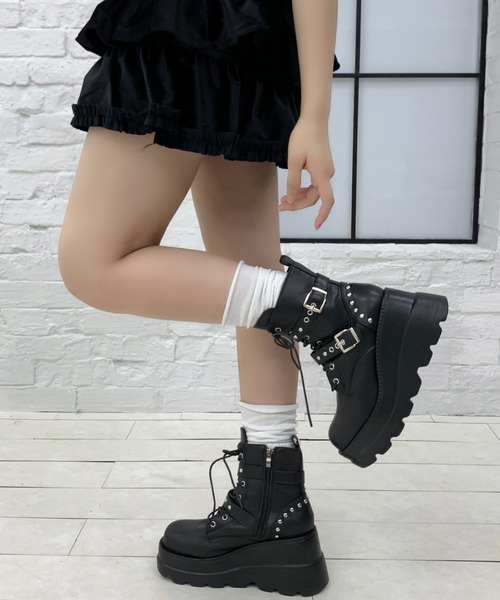 lilful ブーツ スタイル盛れ ダブルベルト スタッズアクセント レース