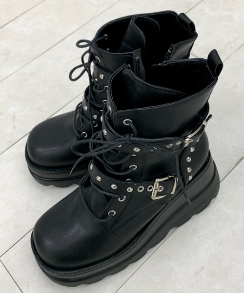 lilful ブーツ スタイル盛れ ダブルベルト スタッズアクセント レース