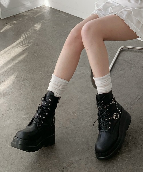 lilful ブーツ スタイル盛れ ダブルベルト スタッズアクセント レース