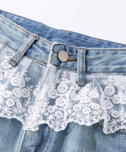 LA POMME petit レースモチーフビーズデニムパンツ LA POMME petit（ラポミ・プチ） ジーンズ デニム デニムパンツ Wide