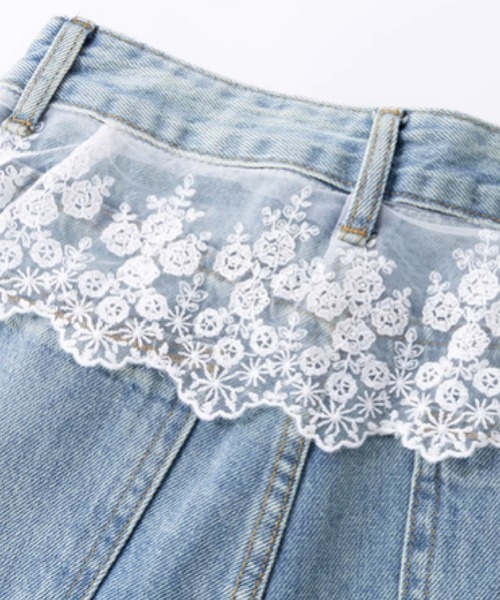 LA POMME petit レースモチーフビーズデニムパンツ LA POMME petit（ラポミ・プチ） ジーンズ デニム デニムパンツ Wide