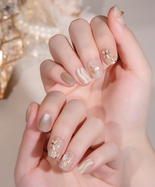 Anail ネイルチップ ネイルシール 3D水光ネイルミルキーウェーブカーキ