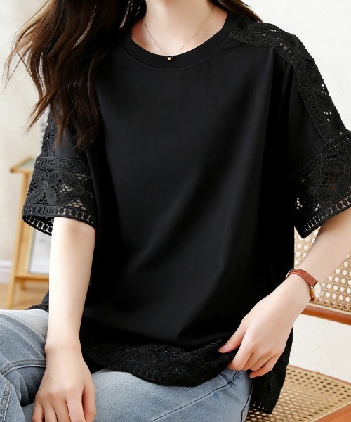 tシャツ 半袖 ポイントレースシースルートップス レディース