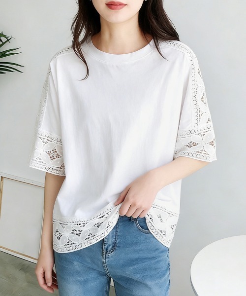 tシャツ 半袖 ポイントレースシースルートップス レディース