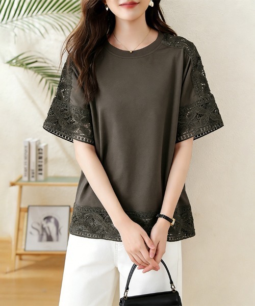 tシャツ 半袖 ポイントレースシースルートップス レディース