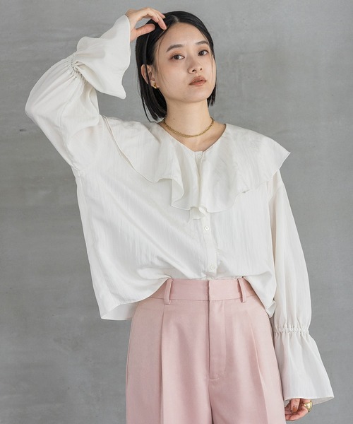 新品アプ♡ビジュー付ラッフルブラウス 前後2WAYシアージャガードボウタイブラウス
