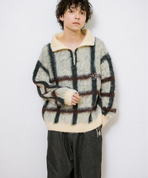 kaoyorinakami セーター ニット check half zip knit / チェックハーフ