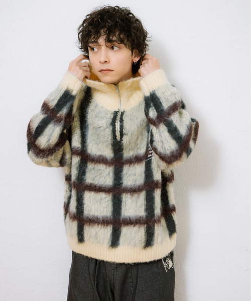kaoyorinakami セーター ニット check half zip knit / チェックハーフ