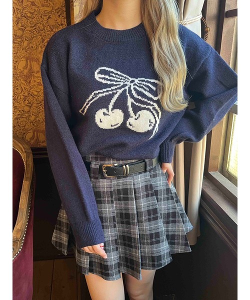 ニット セーター リボンチェリージャガードニット レディース