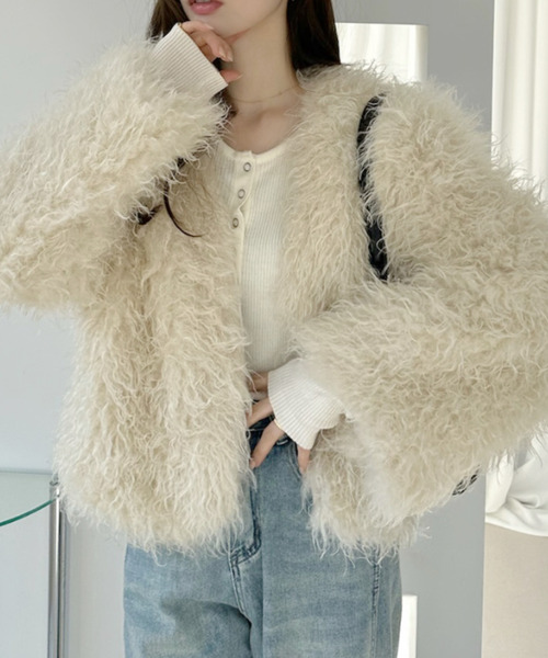 Ada. カーディガン シャギーフェイクファージャケット レディース