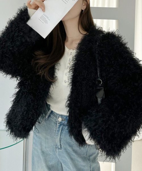 Ada. カーディガン シャギーフェイクファージャケット レディース