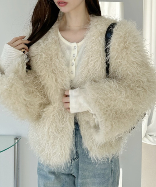 新品✨タグ付き　カーディガン ファーボタンジャケット レディース　カーディガン SHIPS（シップス） カーディガン 「手洗い可能」シャギー ファー