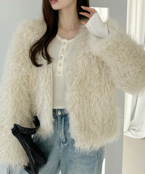 Ada. カーディガン シャギーフェイクファージャケット レディース