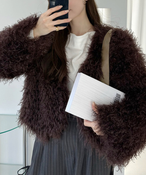 Ada. カーディガン シャギーフェイクファージャケット レディース