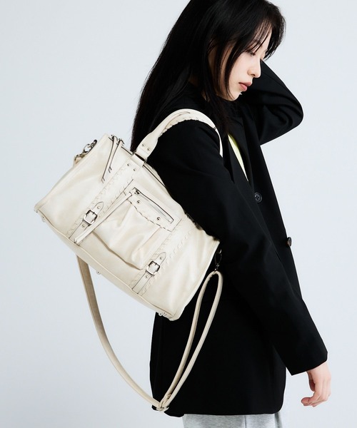 【JEANASIS】 ヴィンテージボストンバッグWhiteショルダー JEANASIS（ジーナシス） ボストンバッグ アンティークステッチボストン