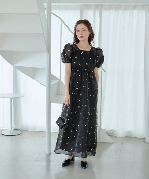 ワンピース 「結婚式/オケージョン/低身長サイズ/2サイズ展開」フラワーオーガンジーワンピースの画像