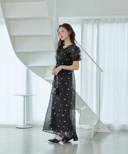 ワンピース 「結婚式/オケージョン/低身長サイズ/2サイズ展開」フラワーオーガンジーワンピースの画像