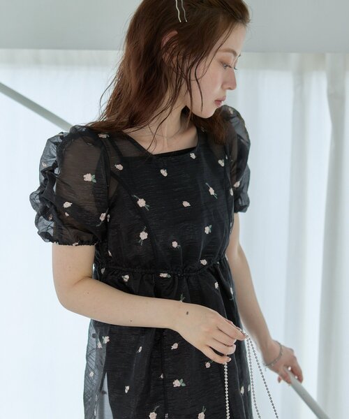 ワンピース 「結婚式/オケージョン/低身長サイズ/2サイズ展開」フラワーオーガンジーワンピースの画像