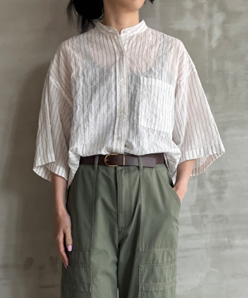 ブラウス シャツ STRIPE BAND COLLER SHIRT レディース | HELIOPOLE | 01
