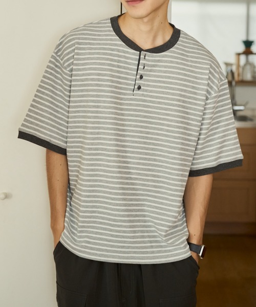 新品/人気/アイボリーベース黒ドット平織りダイヤ柄ベニワレン　No.572 BROKEN BASE（ブロークンベース） ヘンリーネック tシャツ Henley